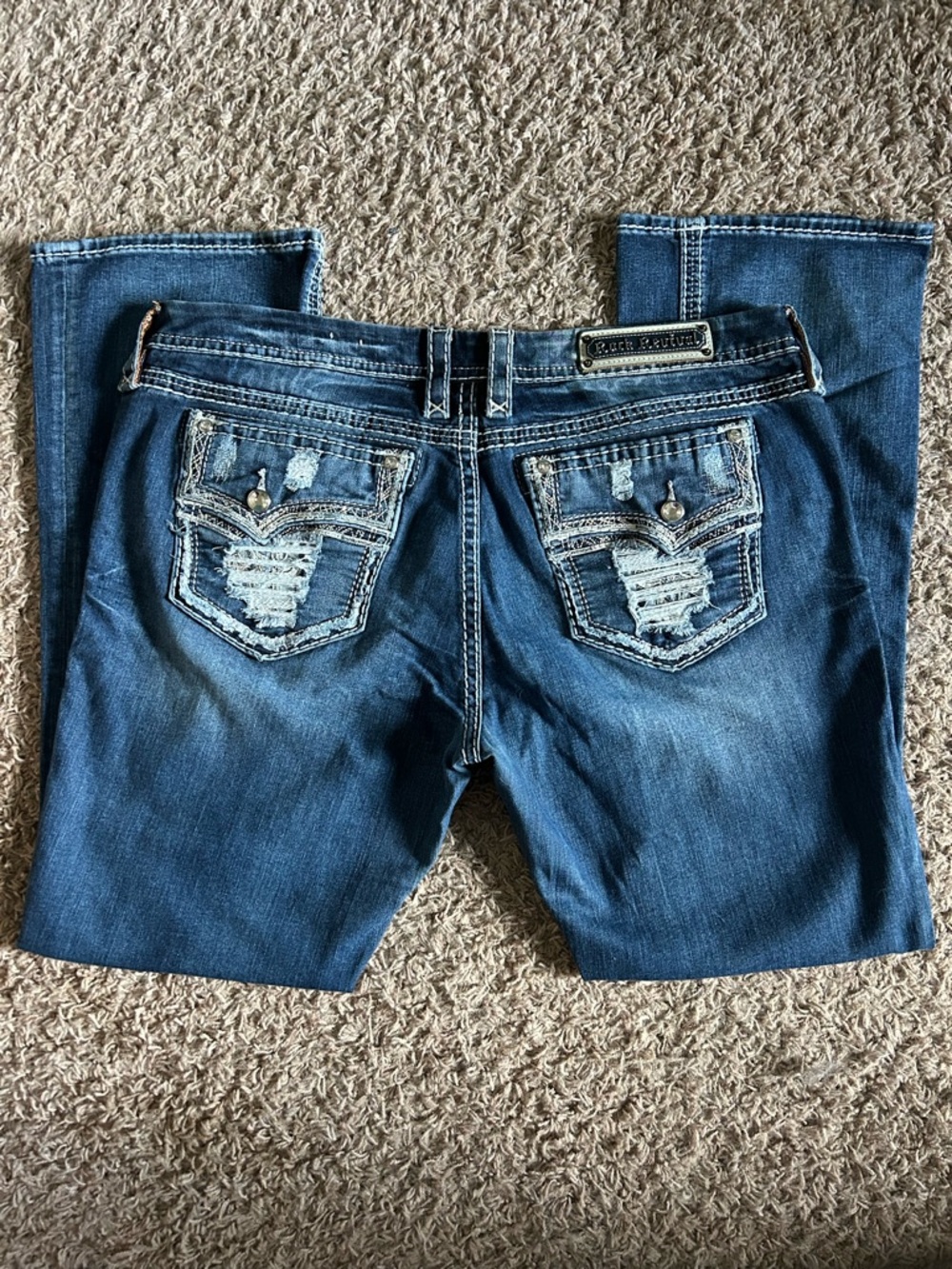 Rock Revival Women's Dark Blue Boot Cut Jeans with Distressed Pocket Detail